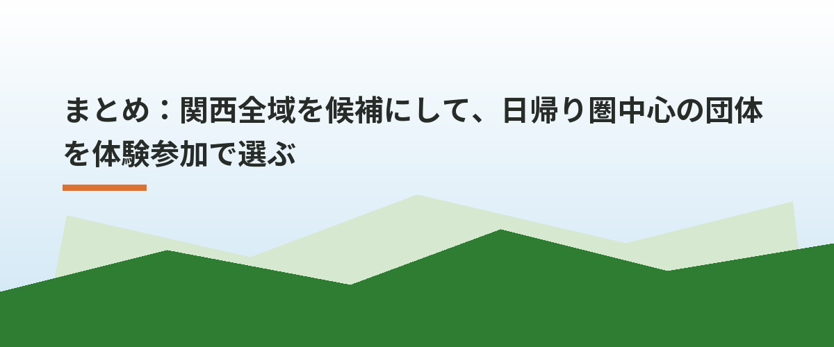 まとめ:関西全域を候補にして、日帰り圏中心の団体を体験参加で選ぶ