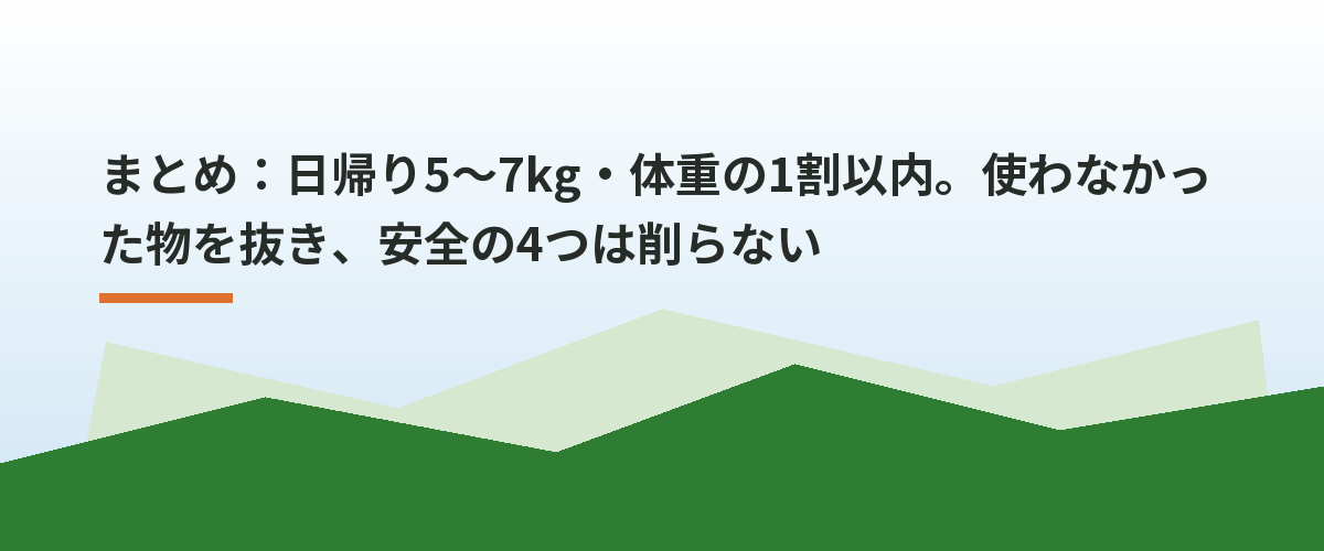 まとめ：日帰り5〜7kg・体重の1割以内。使わなかった物を抜き、安全の4つは削らない