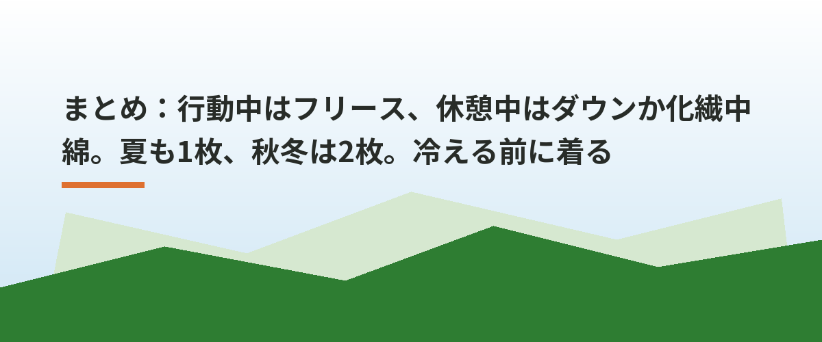 まとめ:行動中はフリース、休憩中はダウンか化繊中綿。夏も1枚、秋冬は2枚。冷える前に着る